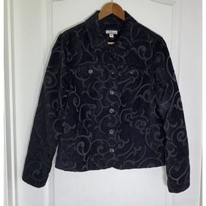 Croft & Barrow Floral Embossed Black Long Sleeve Velvet Jacket Size M Button Top